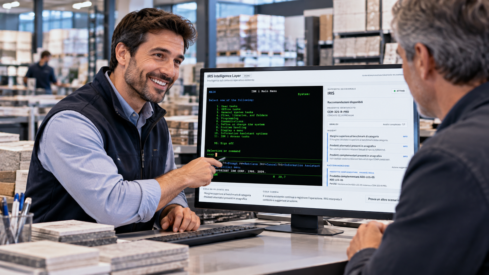 Operatore al banco vendita assistito da CoPilot Vendor e terminale IBM AS/400